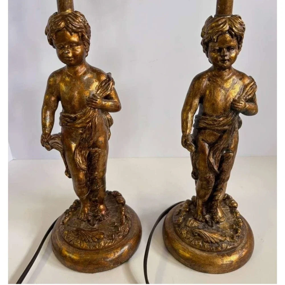 Set Of 2 MCM Neoclassical Hollywood Regency Gold Cherub Composite Lamp 17